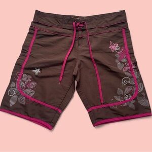 Y2k Floral Embroidered Brown Swimwear Shorts